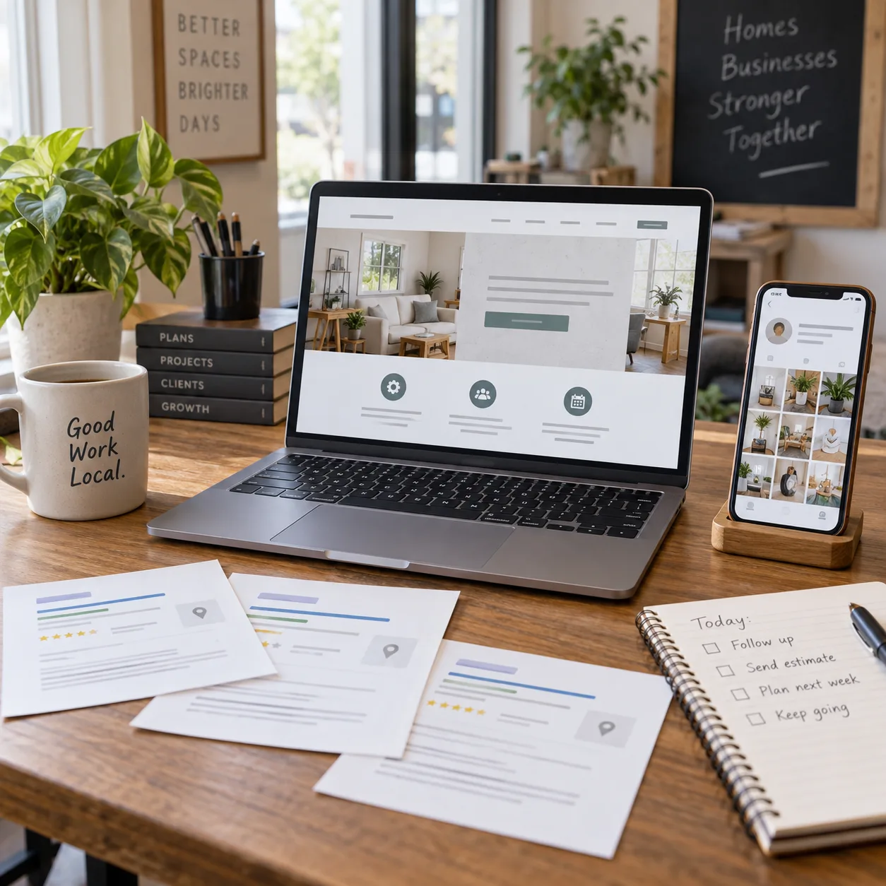 A business digital presence shown across a website, search result, and social profile
