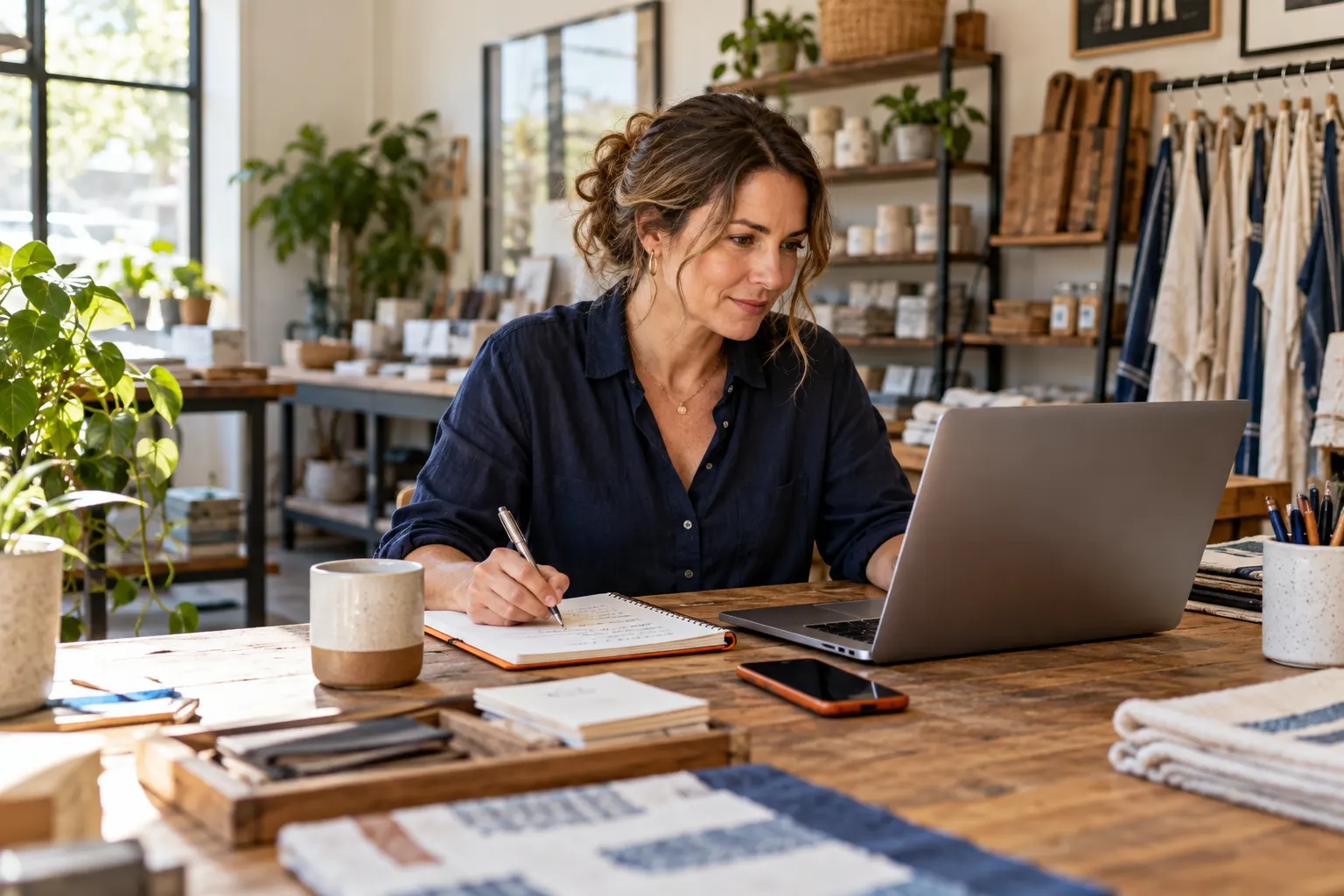 Business owner reviewing a website and service plan during a real working day