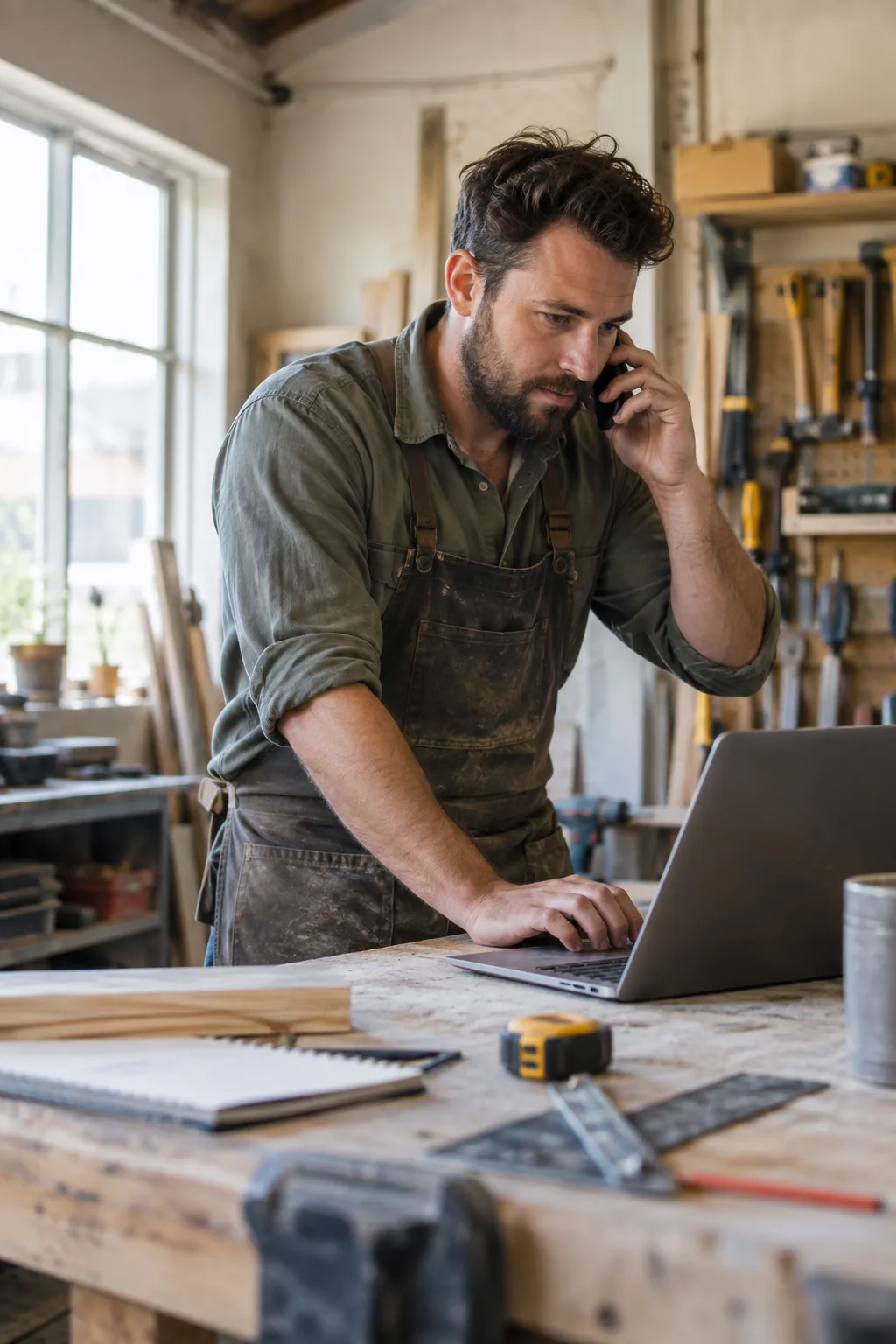 Home improvement business owner checking a customer inquiry while keeping the day moving