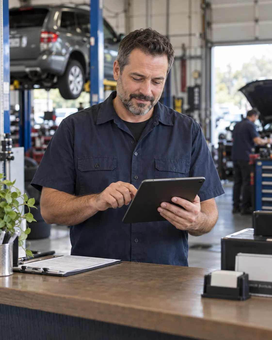 Auto-service business owner checking a customer request on a tablet