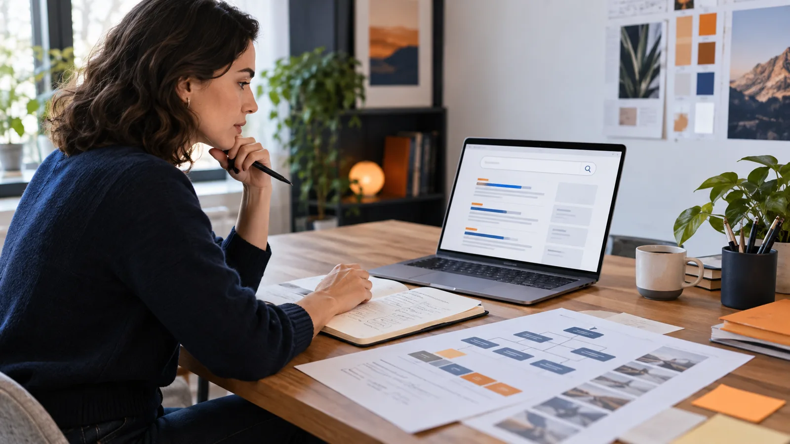 Business owner reviewing online service information and search visibility