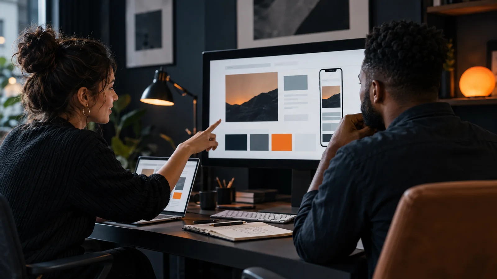 Business owners reviewing a website and creative production direction on screen