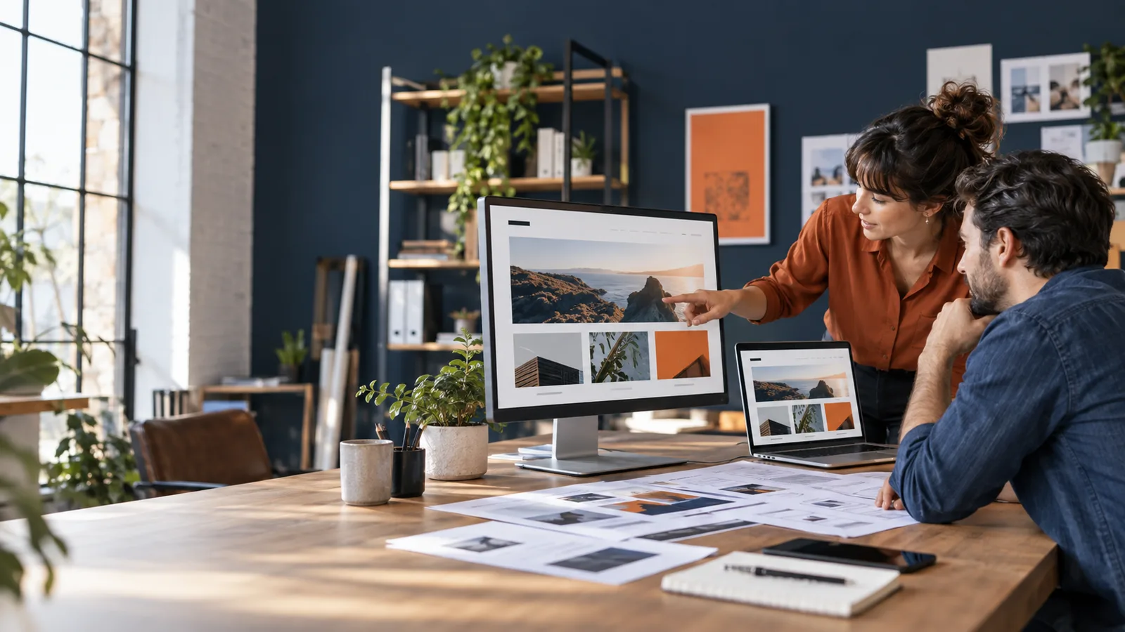 Business owner reviewing a responsive website and its content structure