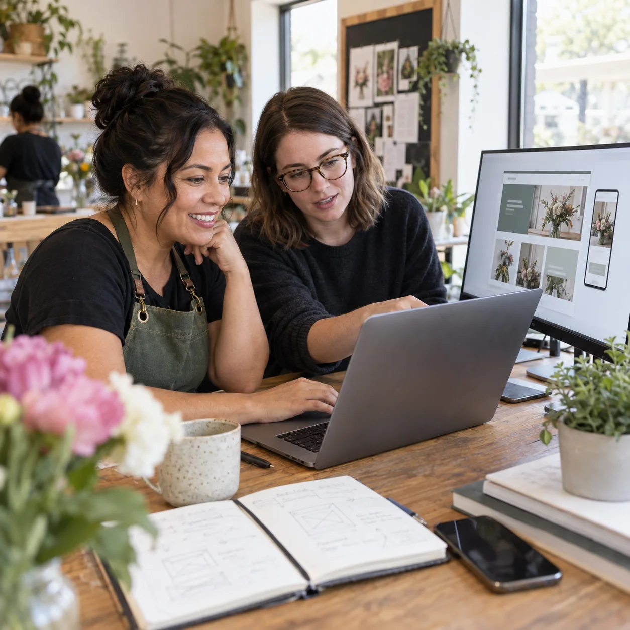 Business owner and web designer building a responsive website together