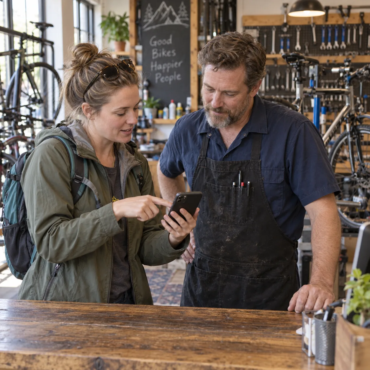 A customer showing a phone to a business owner at a repair shop counter