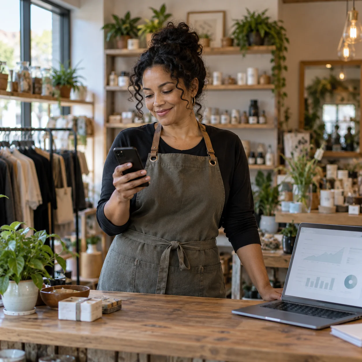 Business owner checking an updated website inside a real shop