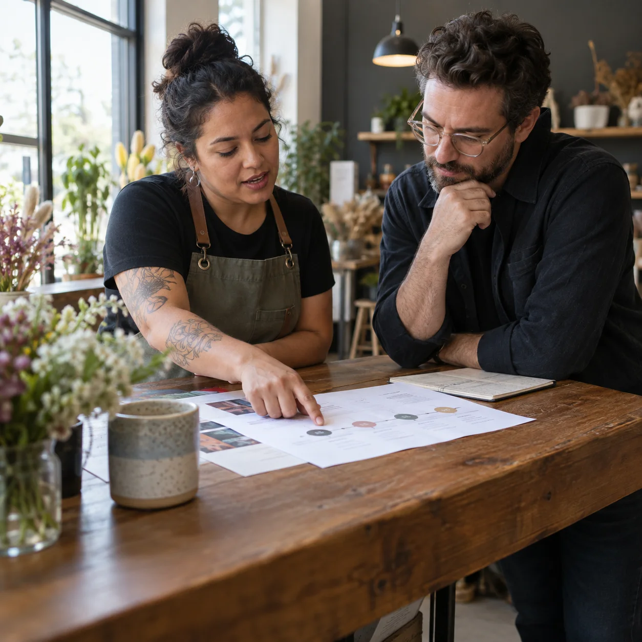 Business owner and web strategist reviewing a customer journey and service priorities