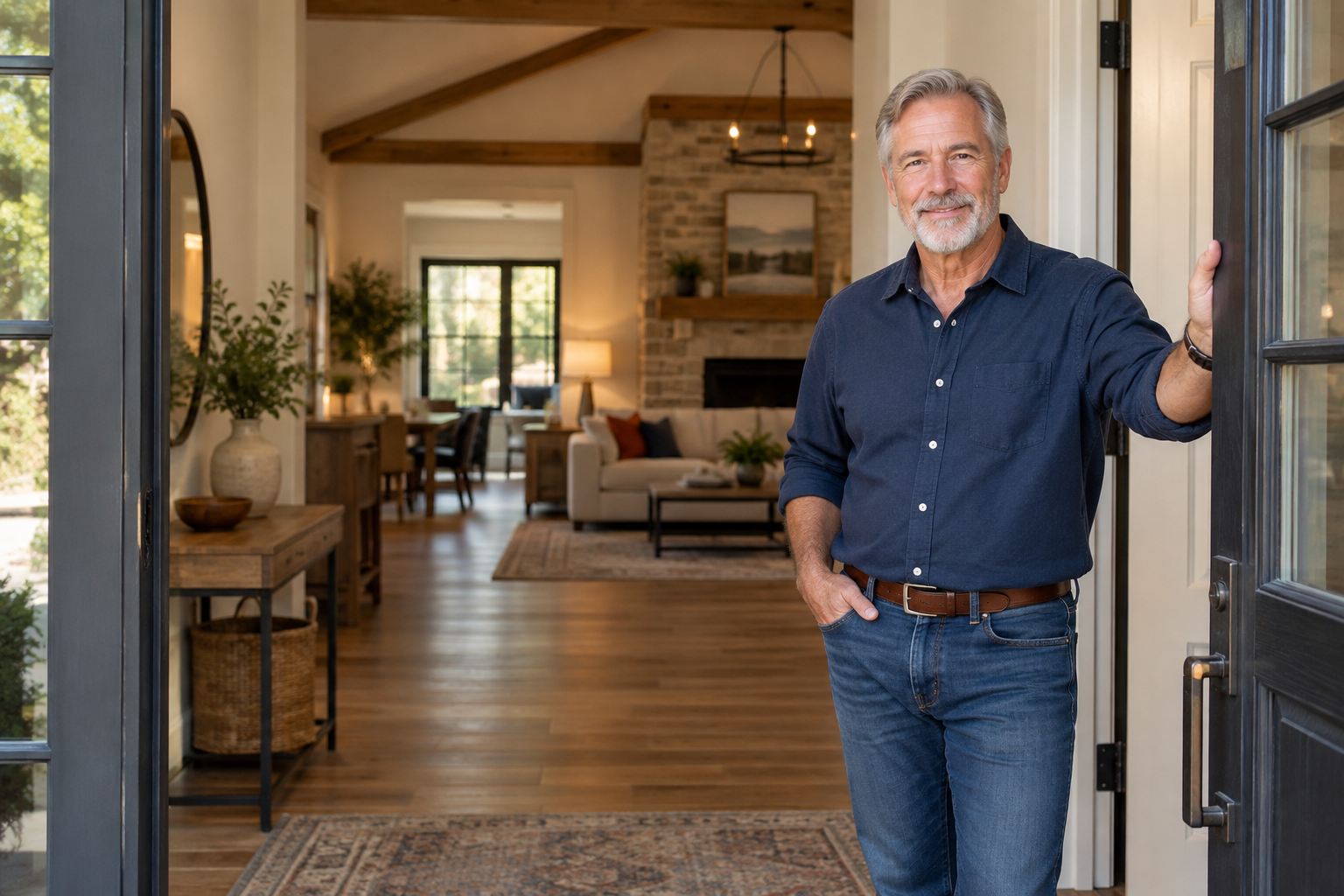 Experienced home-improvement business owner welcoming a conversation from the doorway of a finished renovation