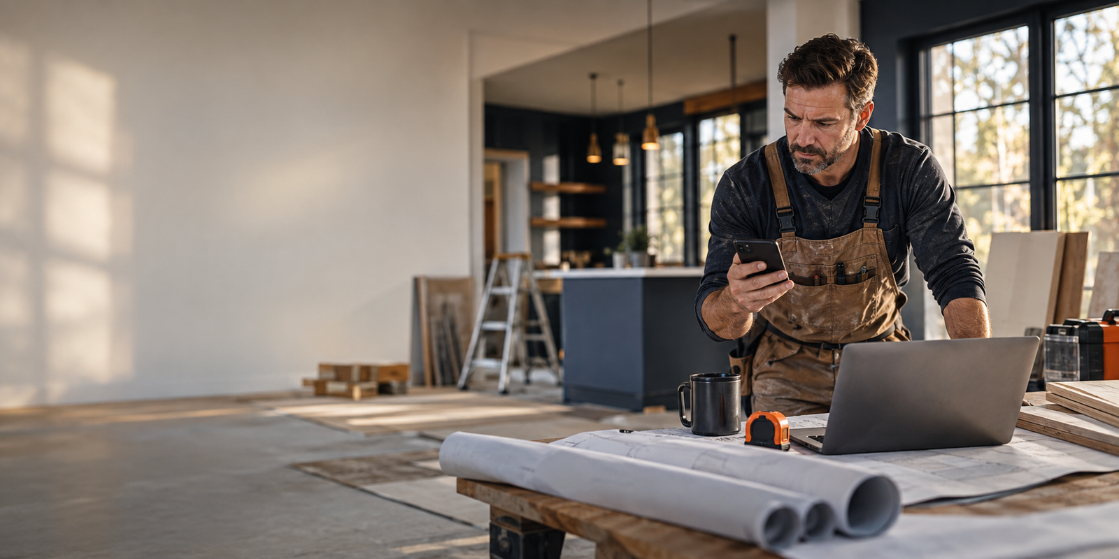 Home-improvement business owner reviewing work at a renovation workspace