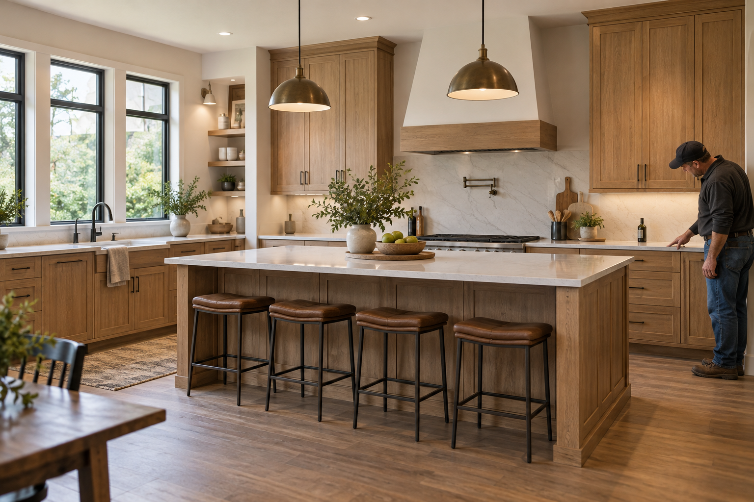 Finished kitchen remodel with warm wood cabinetry and a contractor inspecting the work