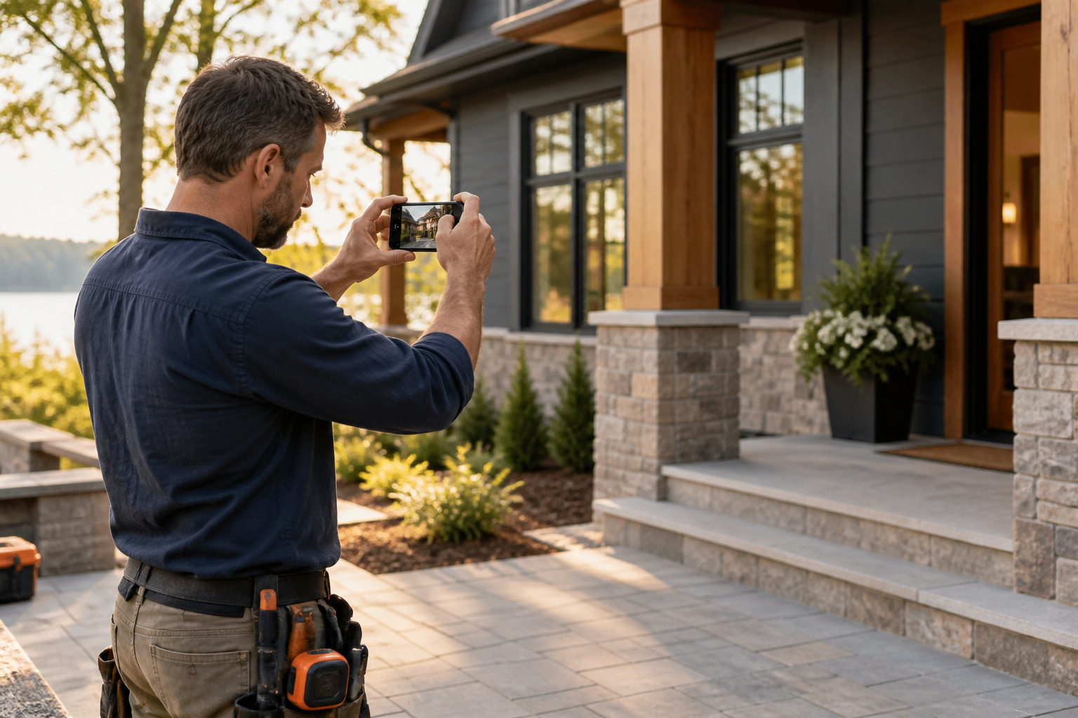 Home-improvement business owner photographing completed exterior work with a phone