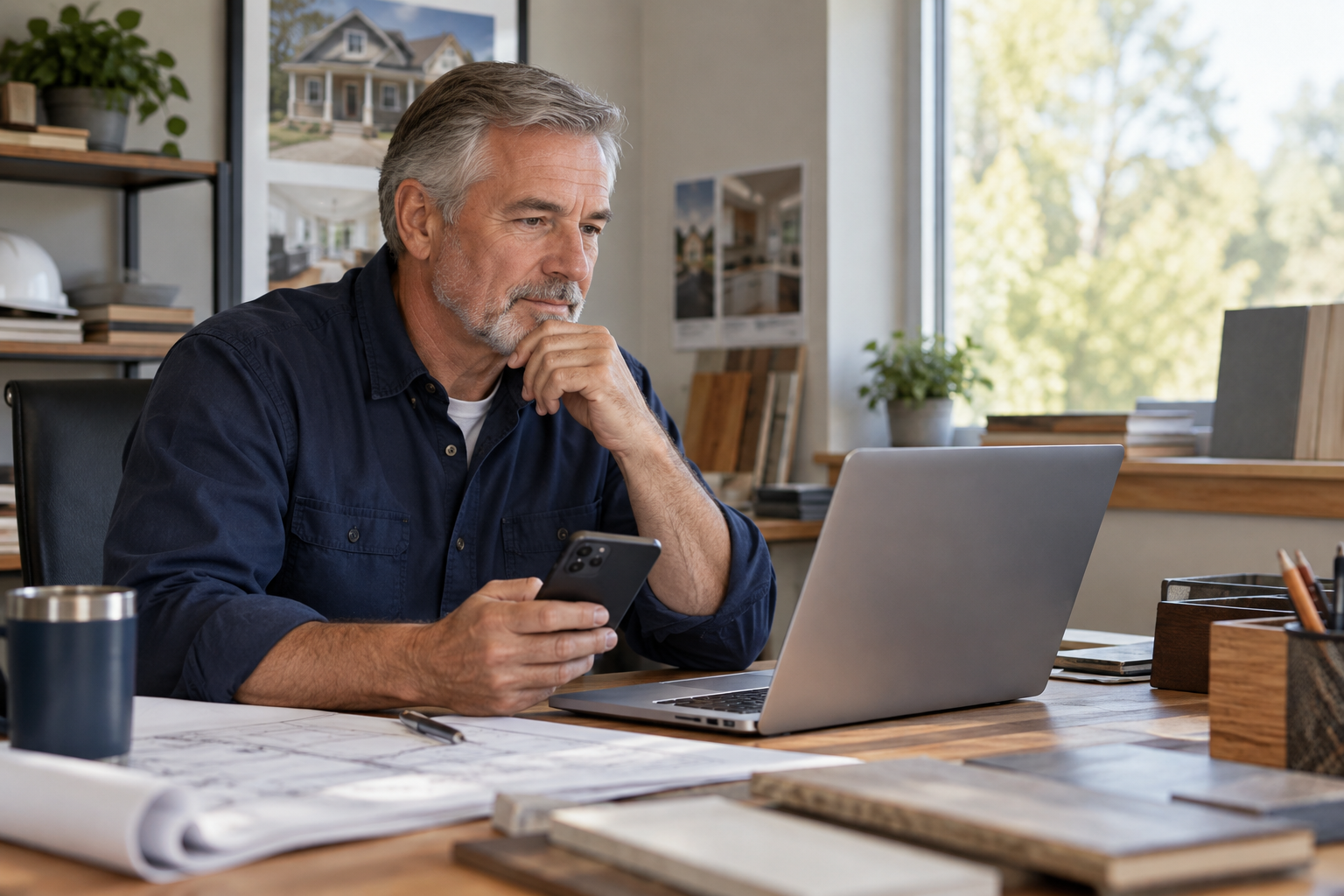 Experienced home-improvement business owner reviewing his website and project information at a desk