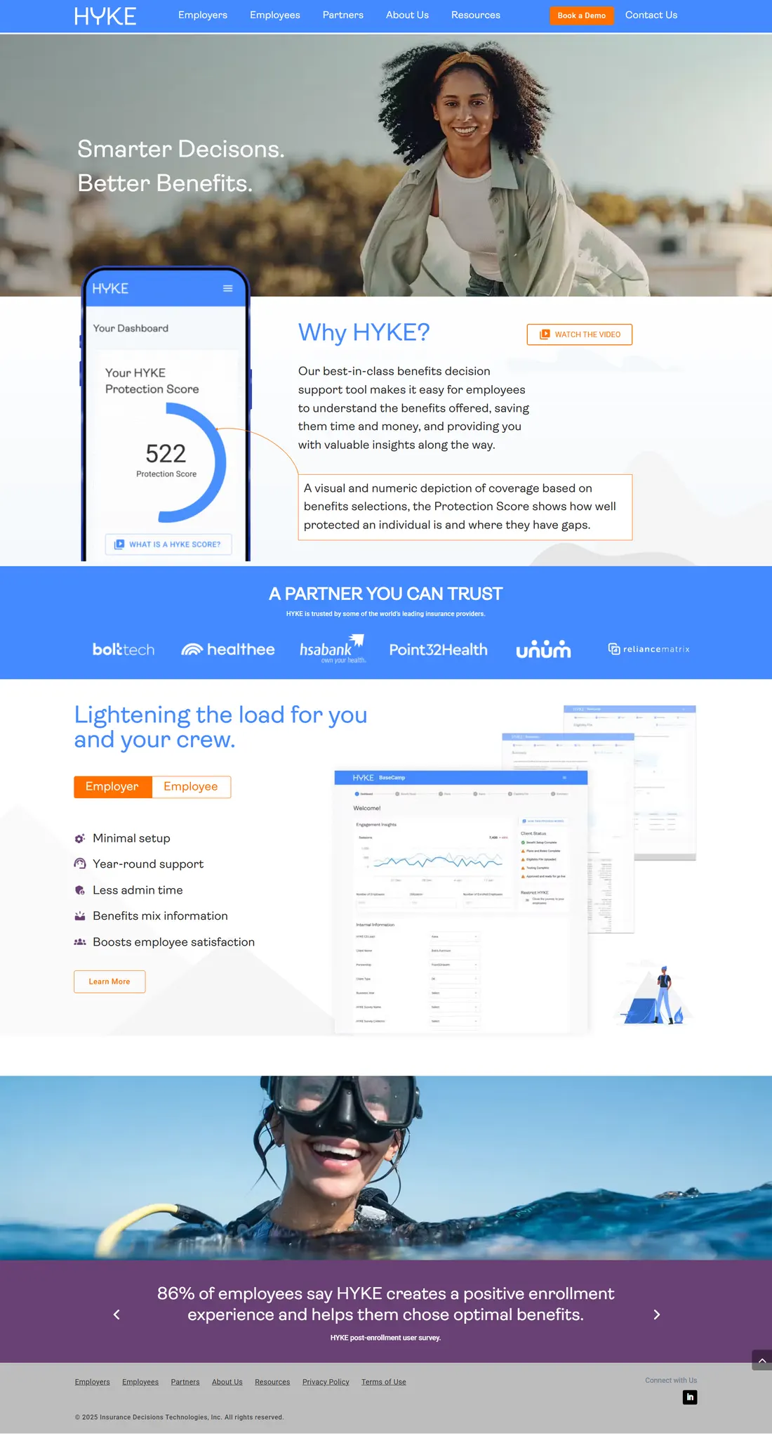 Lets Hyke benefits platform website with a smarter-decisions hero and an app dashboard