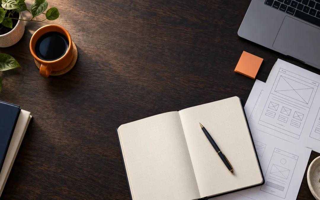 Website planning materials and a notebook on a business owner desk