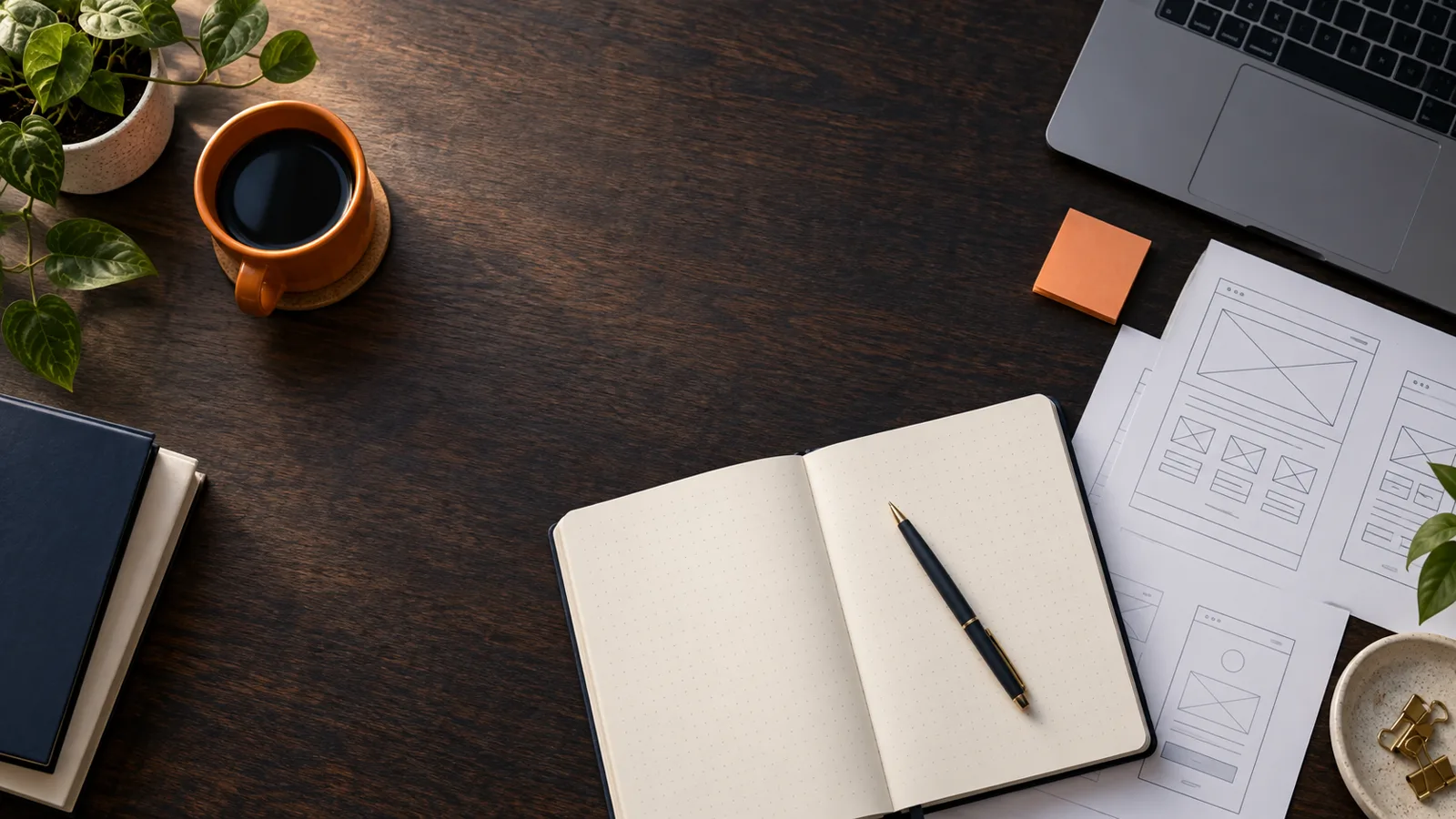 Website planning materials and a notebook on a business owner desk